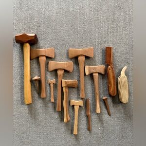 Large Lot of‎ Hand-Carved Wooden Miniature Tools Axes, Mallets, Nails Folk Art